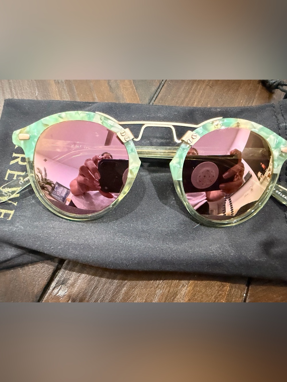 KREWE Round Green Marble Acetate Sunglasses with Pink Lenses